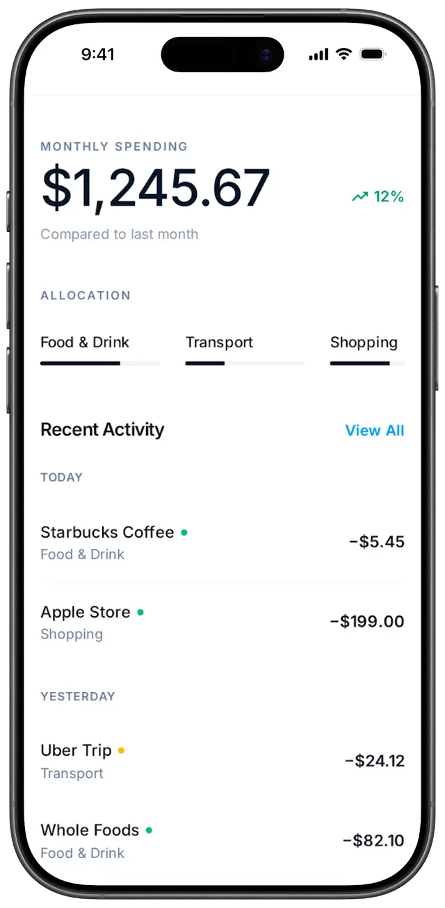 Raydar spending dashboard showing categorised transactions